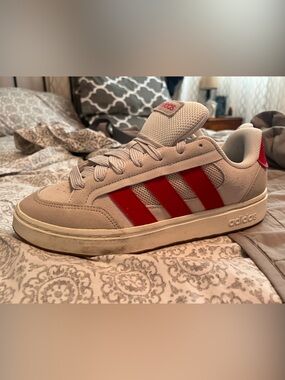 adidas Men’s Beige Sneakers with Red Stripes